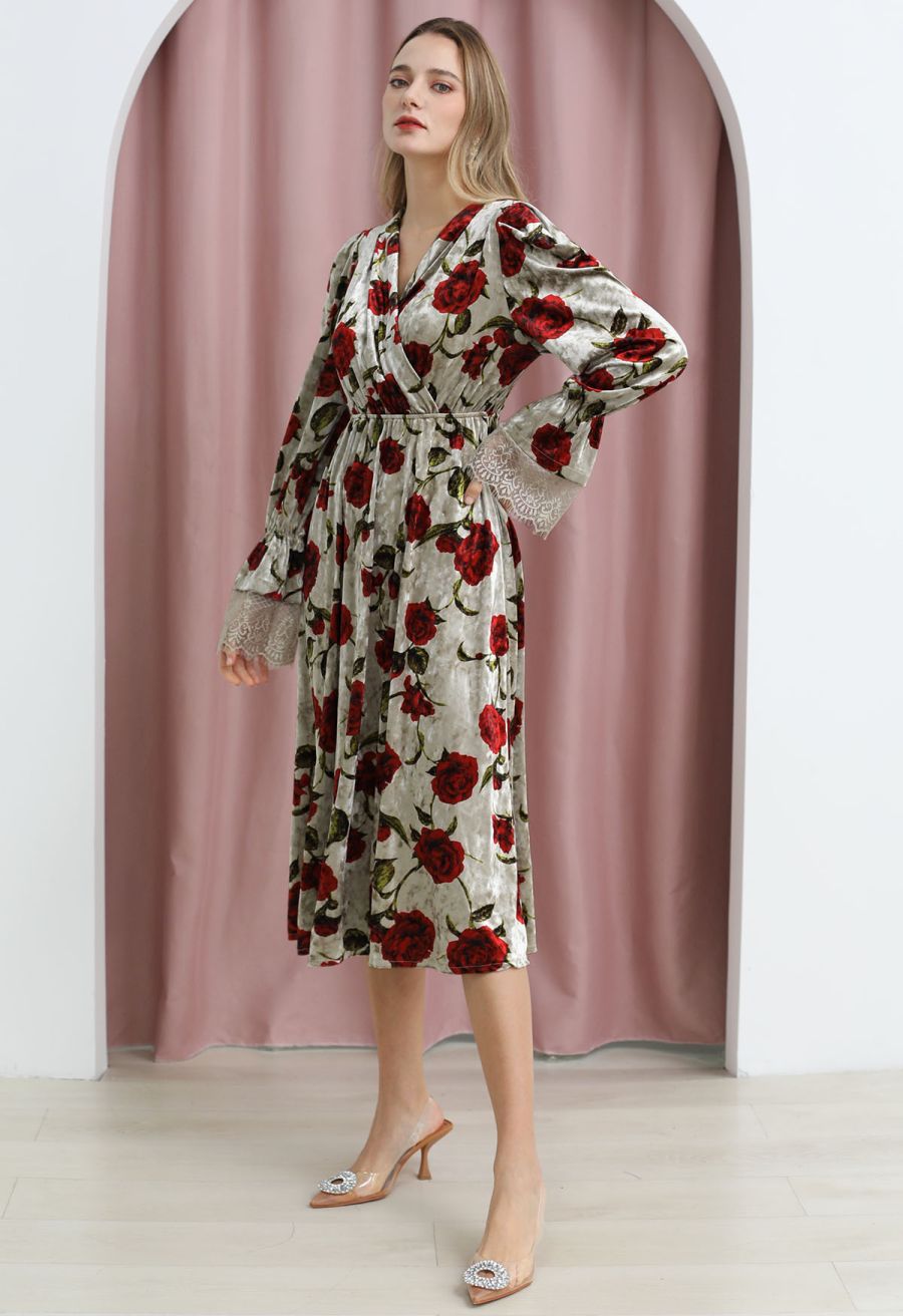Rose Print Faux-Wrap Velvet Midi Dress