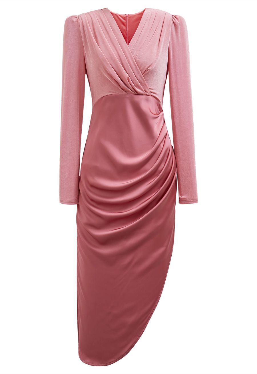 Velvet Spliced Asymmetric Hem Satin Dress in Coral