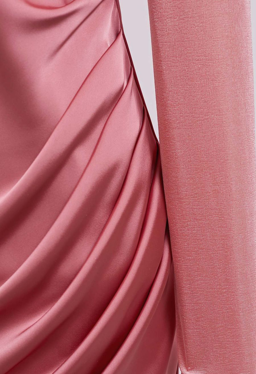 Velvet Spliced Asymmetric Hem Satin Dress in Coral