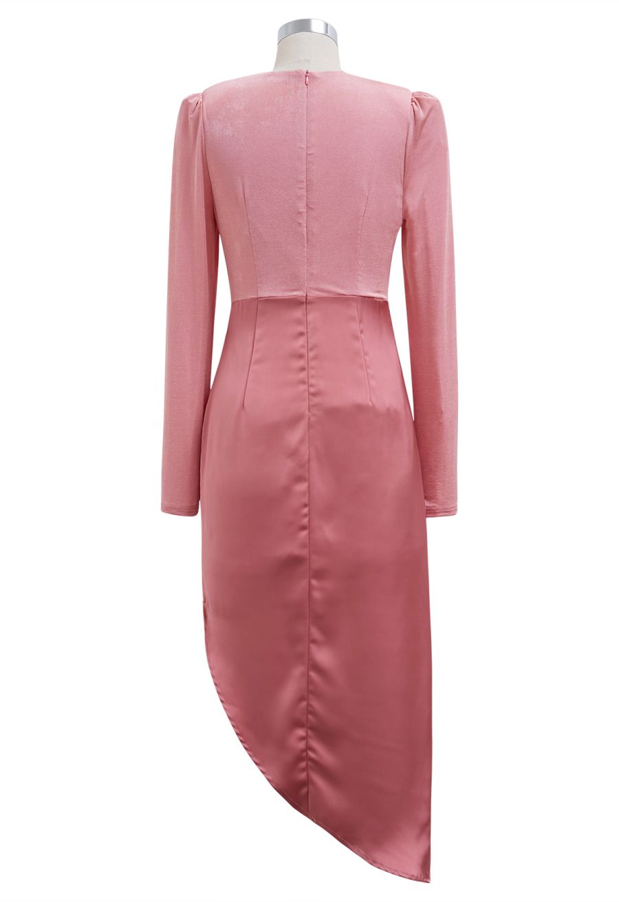Velvet Spliced Asymmetric Hem Satin Dress in Coral