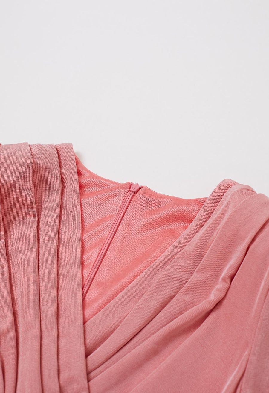 Velvet Spliced Asymmetric Hem Satin Dress in Coral