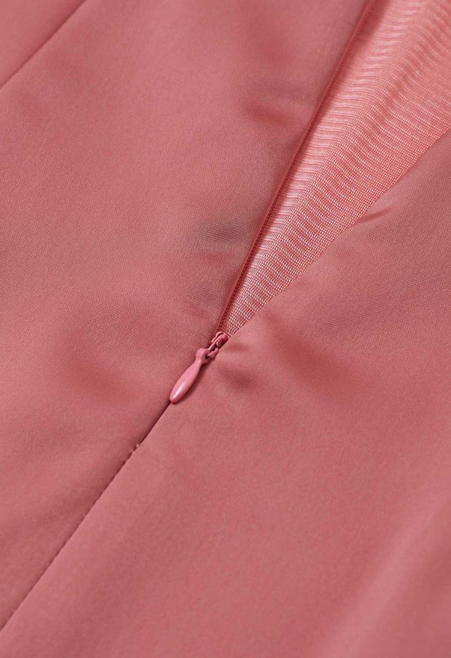 Velvet Spliced Asymmetric Hem Satin Dress in Coral