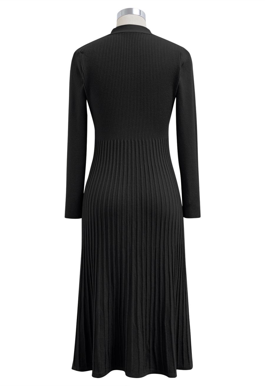 Button Detail Ribbed Knit Dress in Black