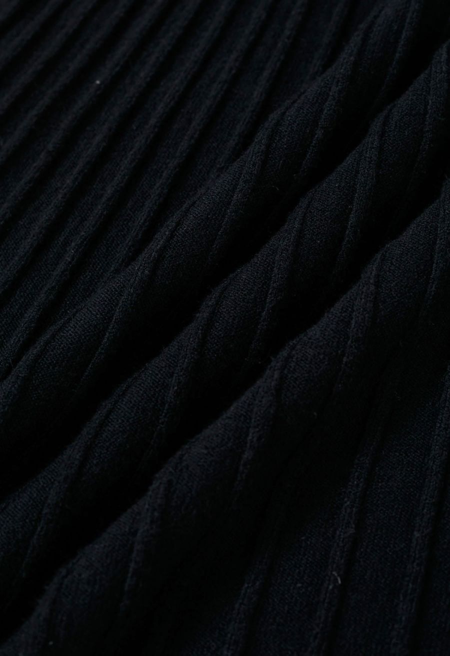 Button Detail Ribbed Knit Dress in Black