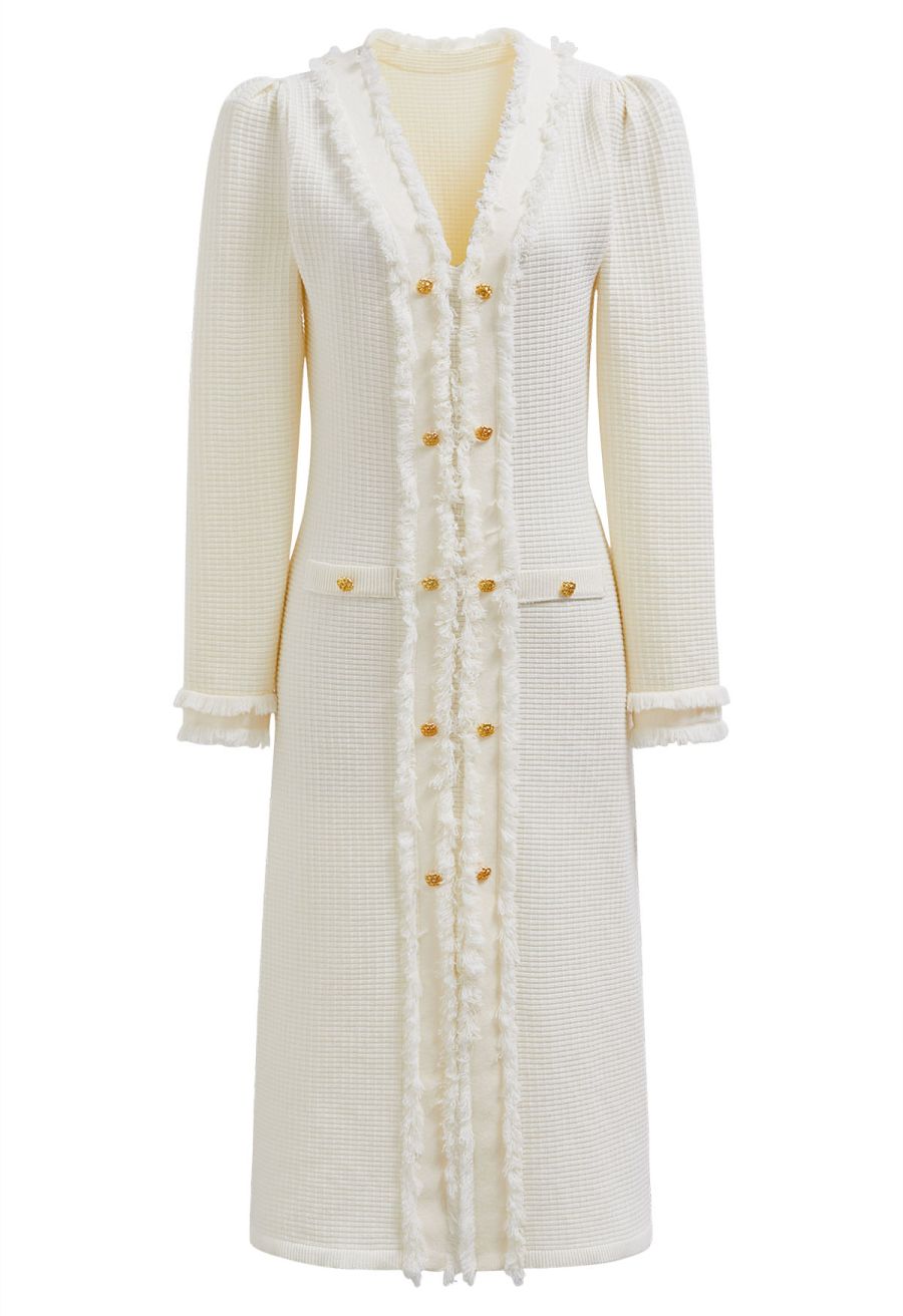 Fringe Edge Golden Button Waffle Knit Dress in Cream