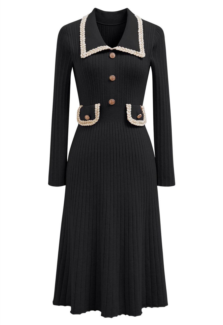 Collared Braided Edge Knit Midi Dress in Black