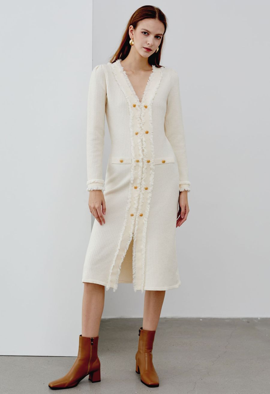 Fringe Edge Golden Button Waffle Knit Dress in Cream