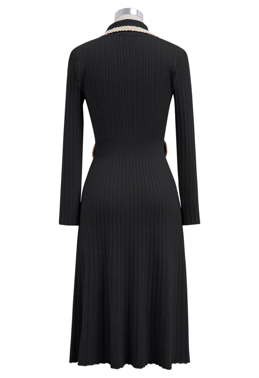 Collared Braided Edge Knit Midi Dress in Black