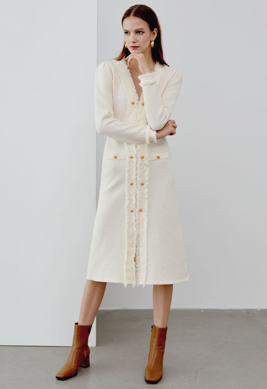 Fringe Edge Golden Button Waffle Knit Dress in Cream
