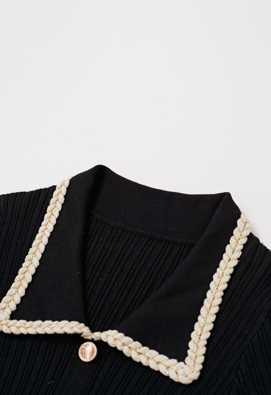 Collared Braided Edge Knit Midi Dress in Black