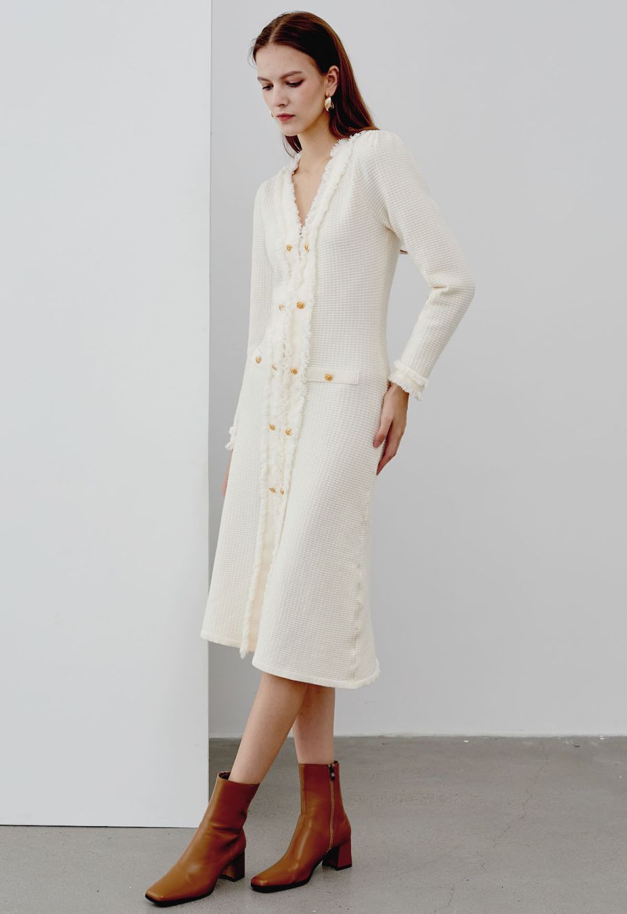 Fringe Edge Golden Button Waffle Knit Dress in Cream