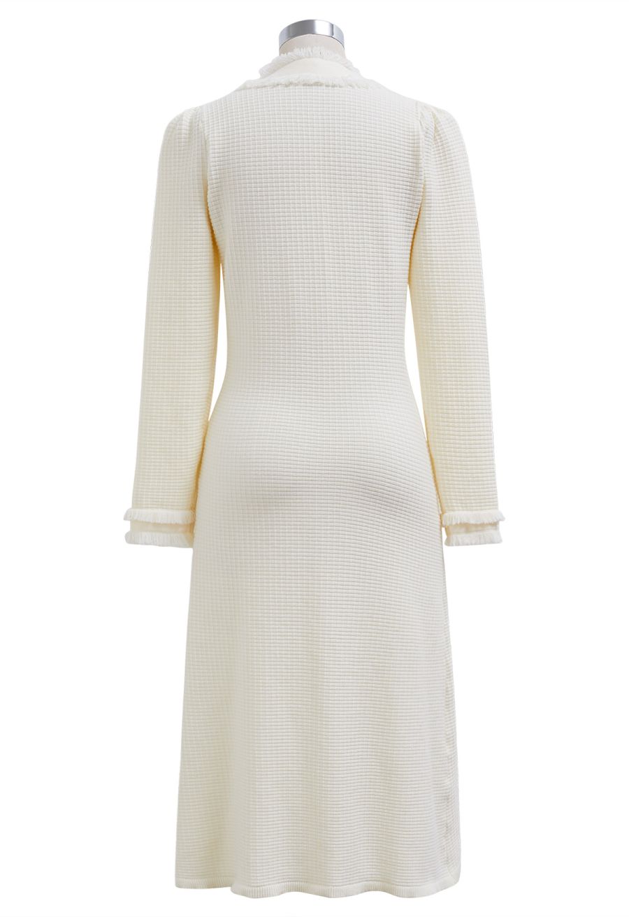 Fringe Edge Golden Button Waffle Knit Dress in Cream
