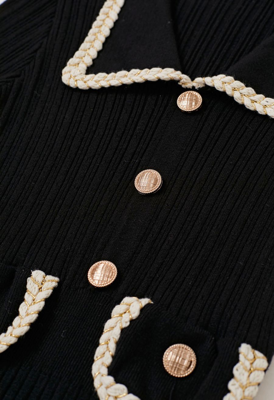 Collared Braided Edge Knit Midi Dress in Black