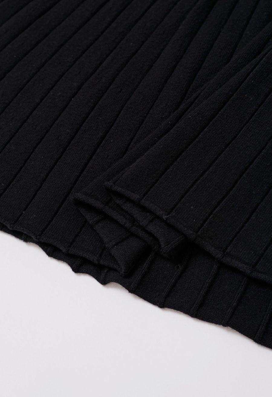 Collared Braided Edge Knit Midi Dress in Black