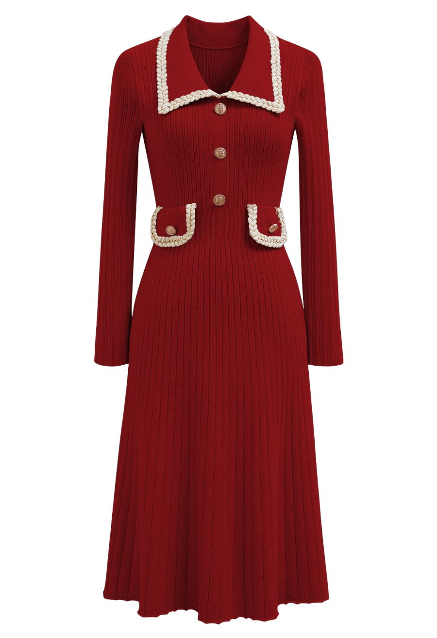 Collared Braided Edge Knit Midi Dress in Red
