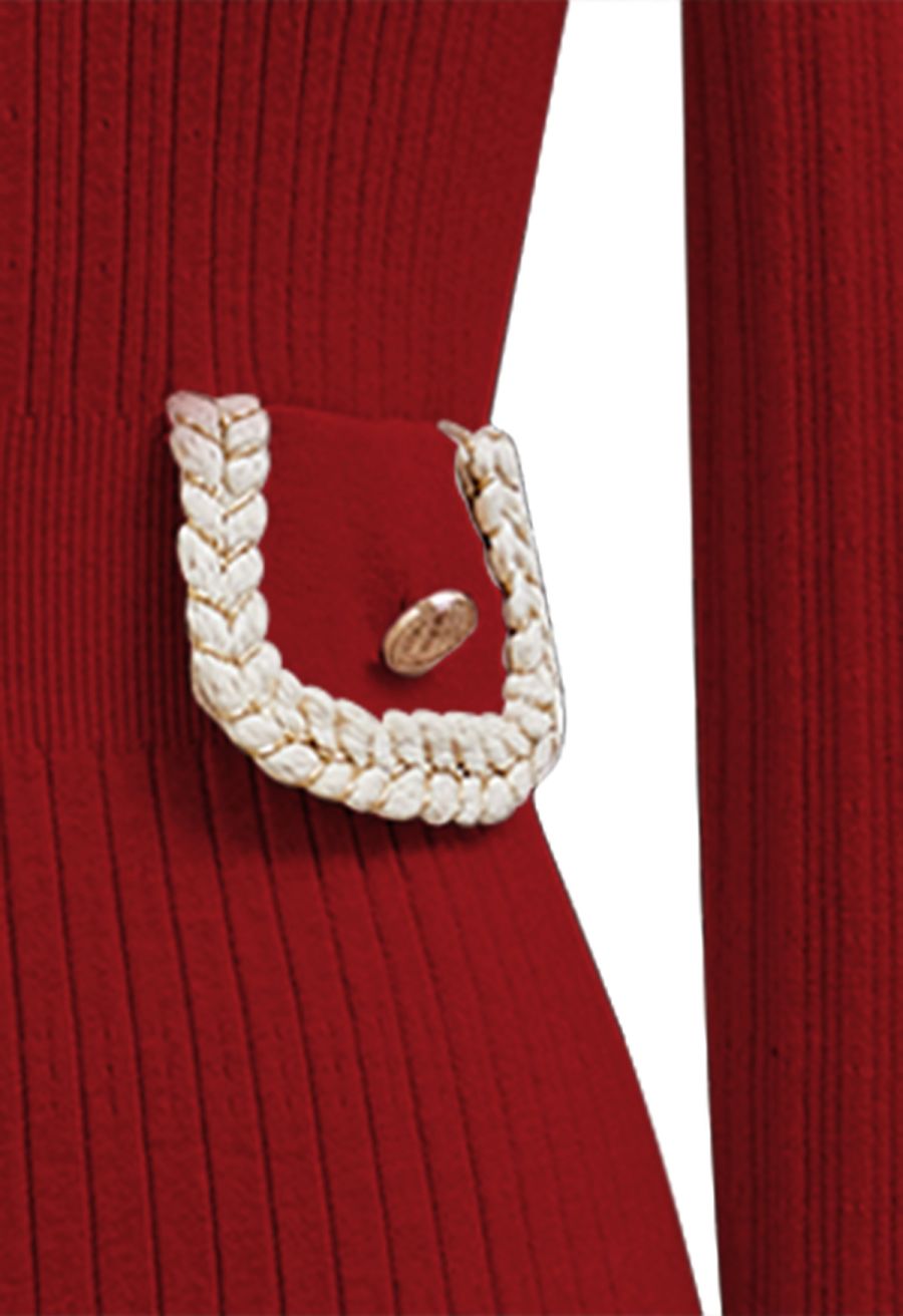 Collared Braided Edge Knit Midi Dress in Red