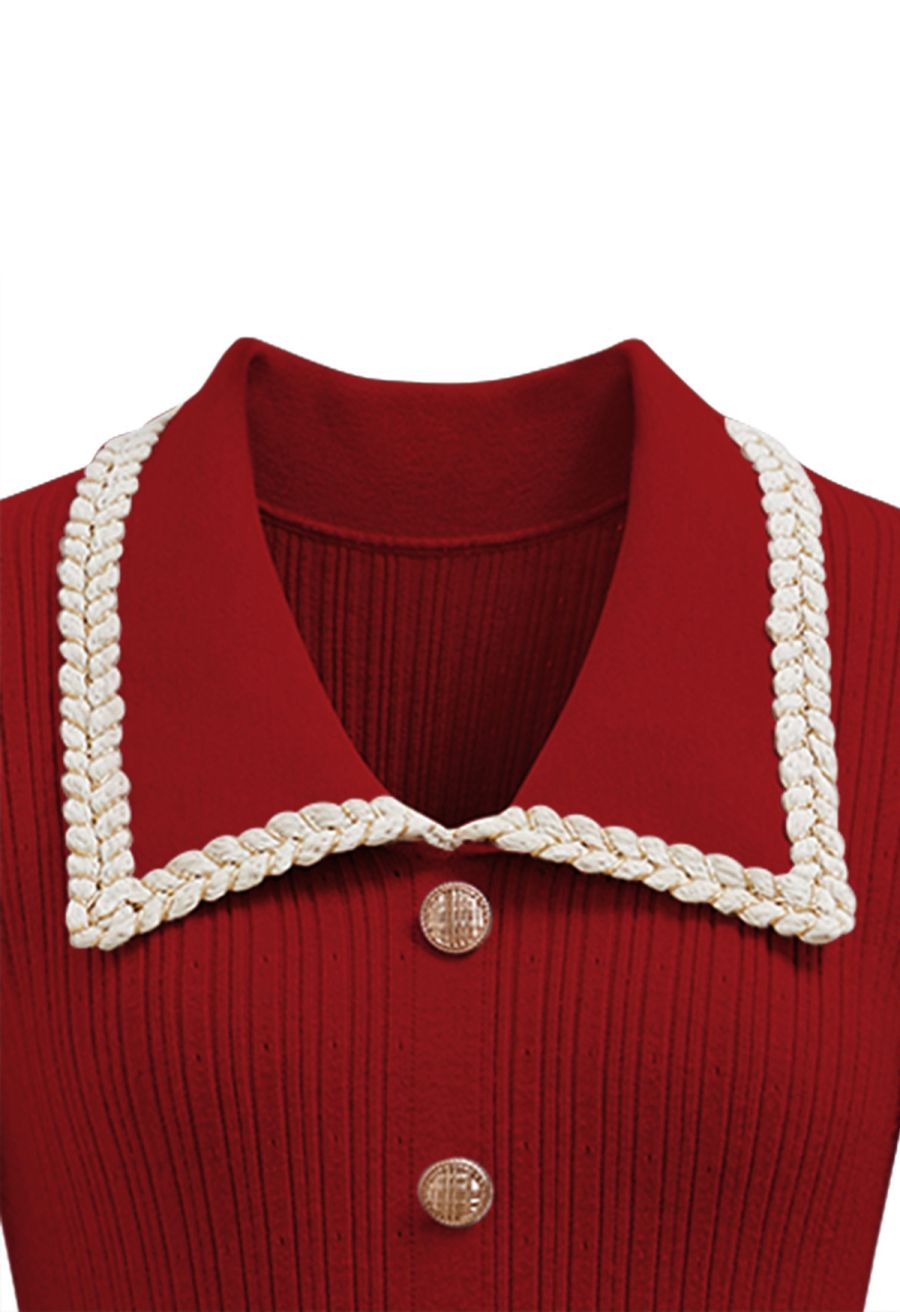 Collared Braided Edge Knit Midi Dress in Red