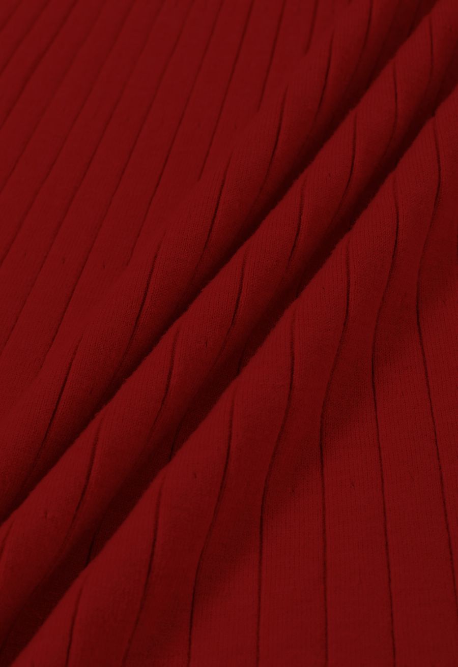 Collared Braided Edge Knit Midi Dress in Red
