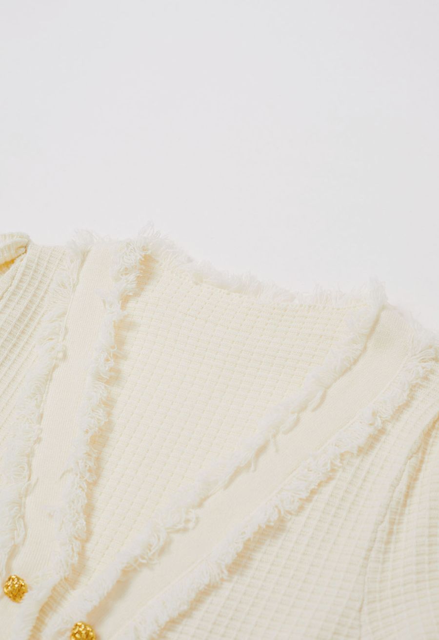 Fringe Edge Golden Button Waffle Knit Dress in Cream