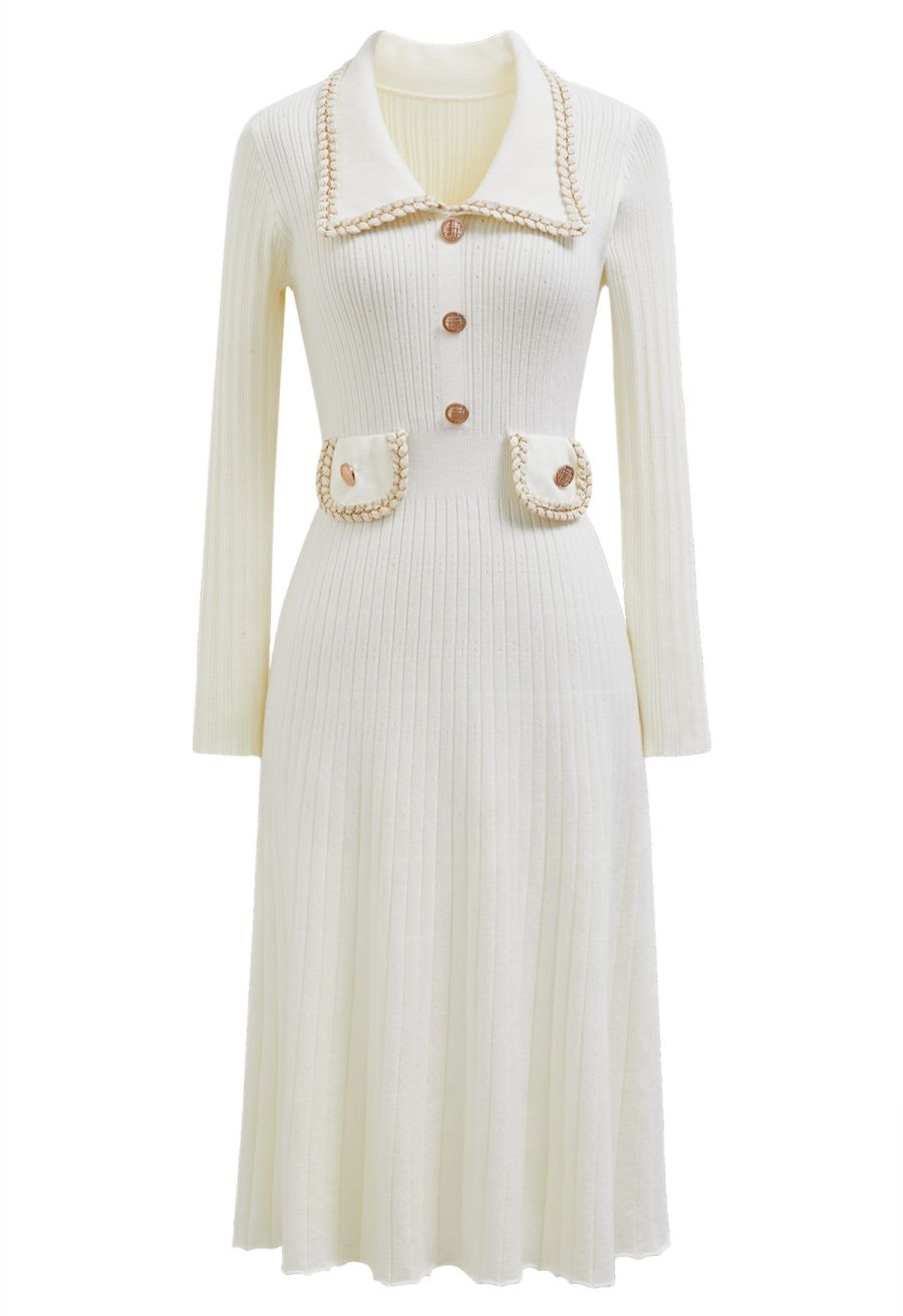 Collared Braided Edge Knit Midi Dress in White