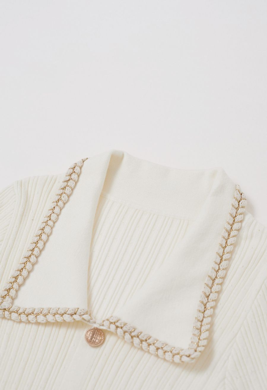 Collared Braided Edge Knit Midi Dress in White