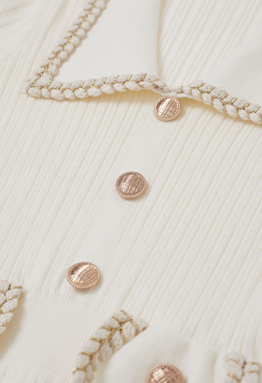 Collared Braided Edge Knit Midi Dress in White