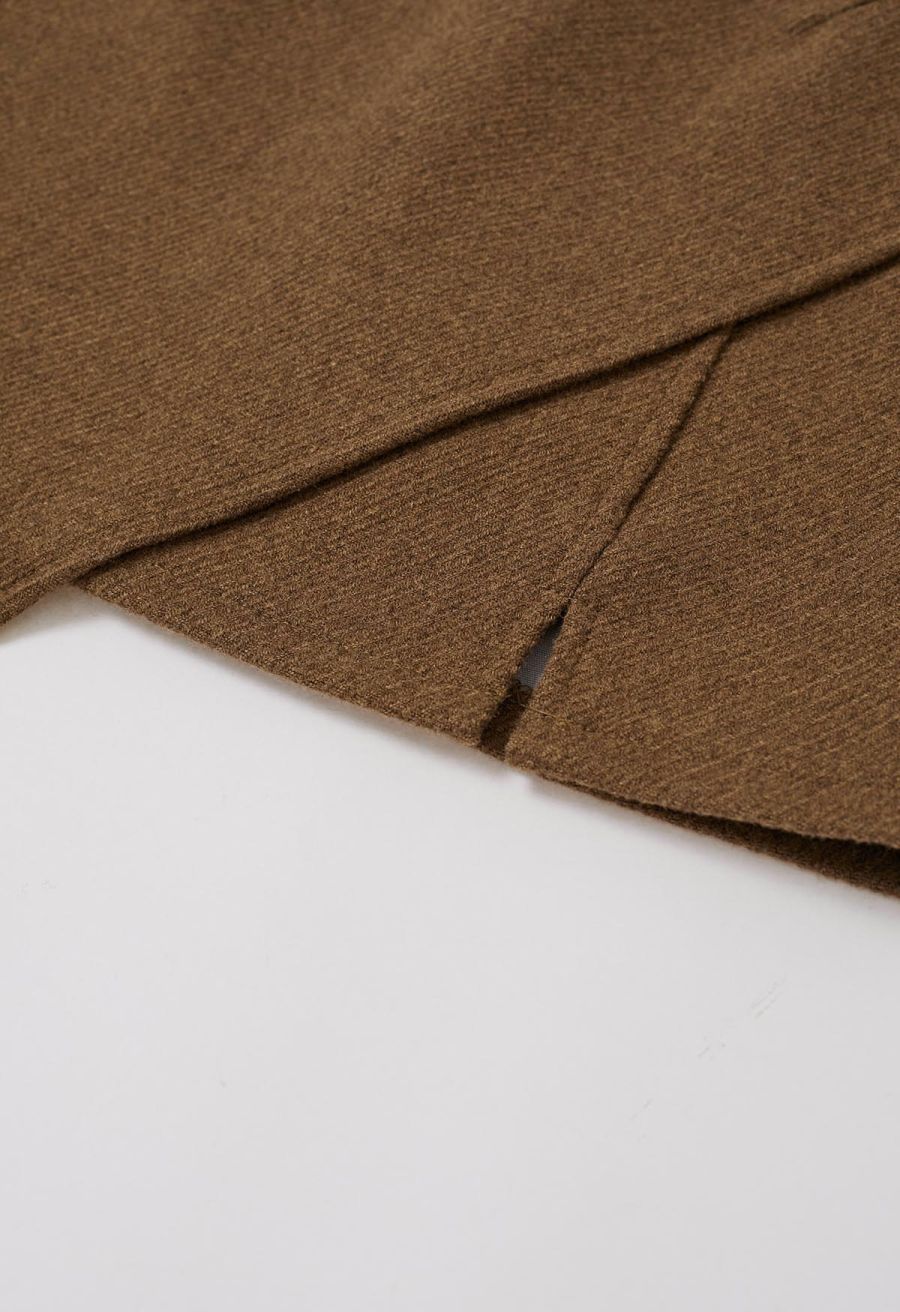 Notched Hem Wool-Blend Flap Mini Skirt in Camel