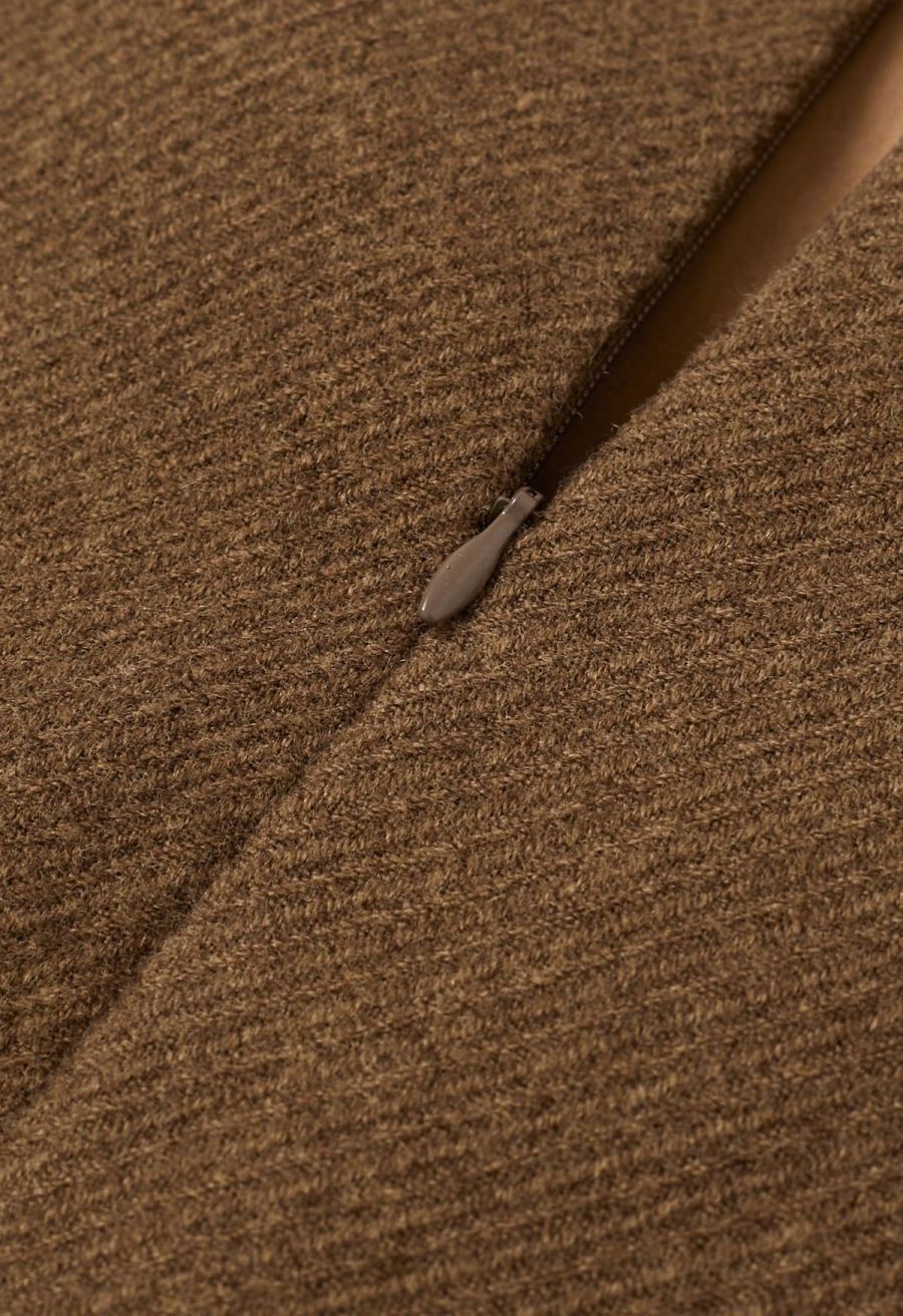 Notched Hem Wool-Blend Flap Mini Skirt in Camel