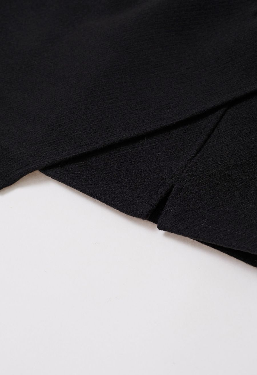 Notched Hem Wool-Blend Flap Mini Skirt in Black