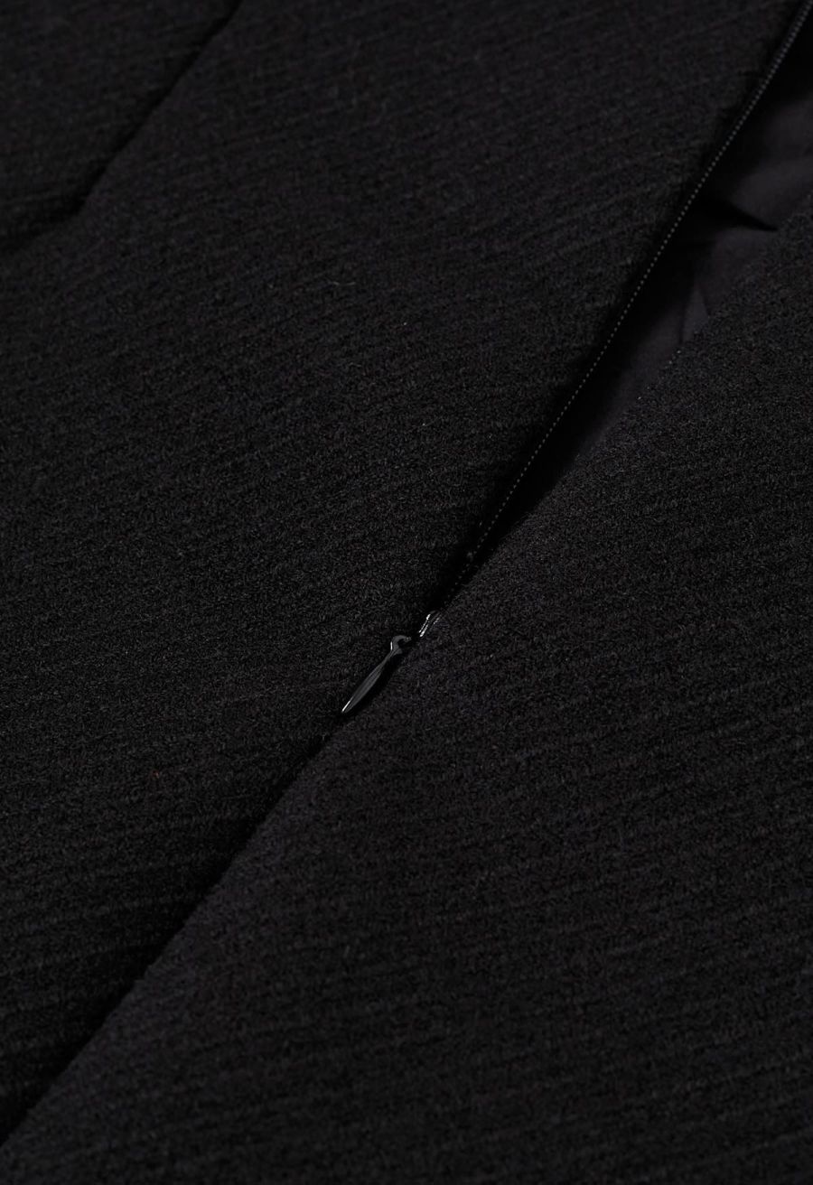 Notched Hem Wool-Blend Flap Mini Skirt in Black