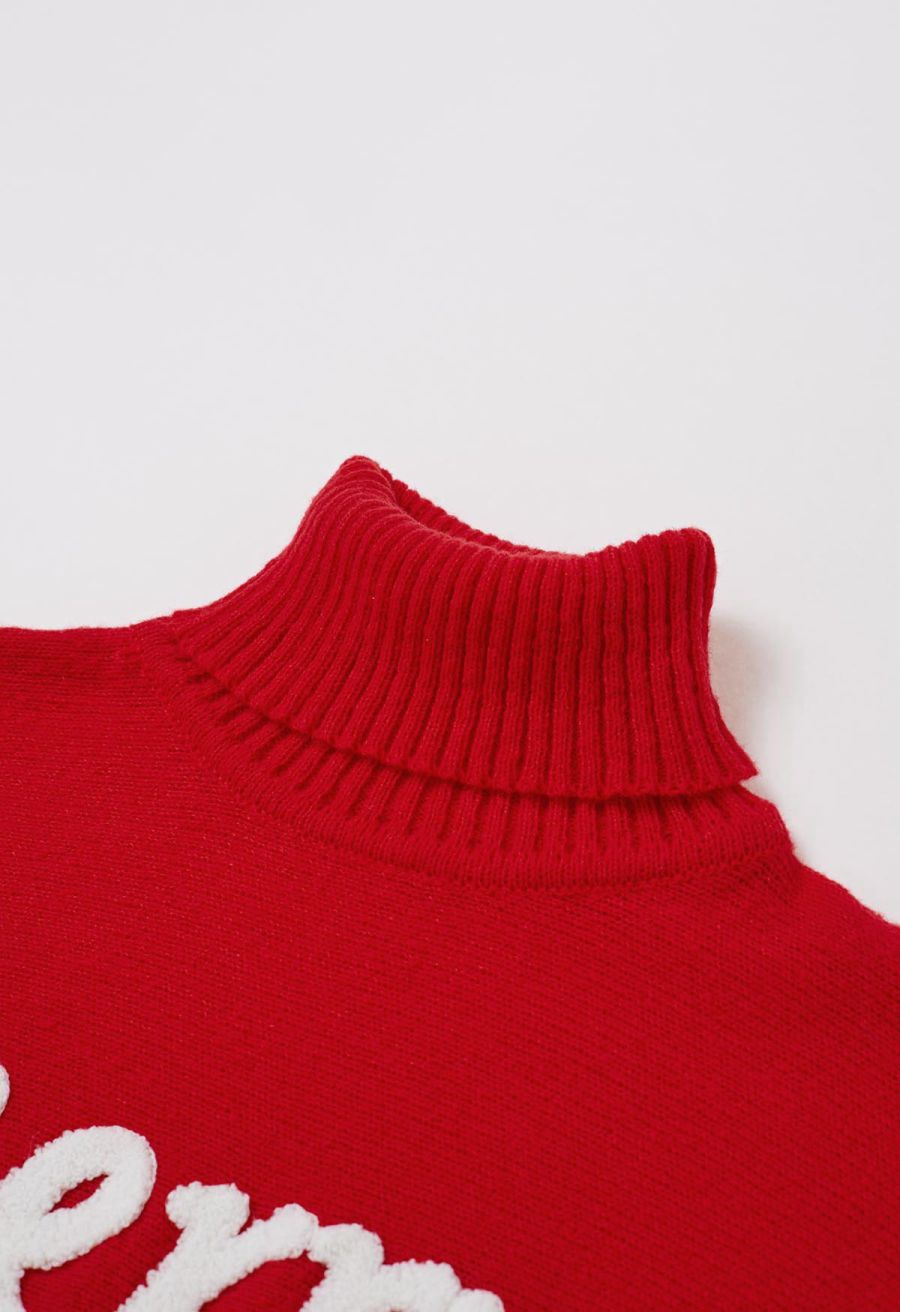 Merry Turtleneck Batwing Sleeve Knit Sweater in Red