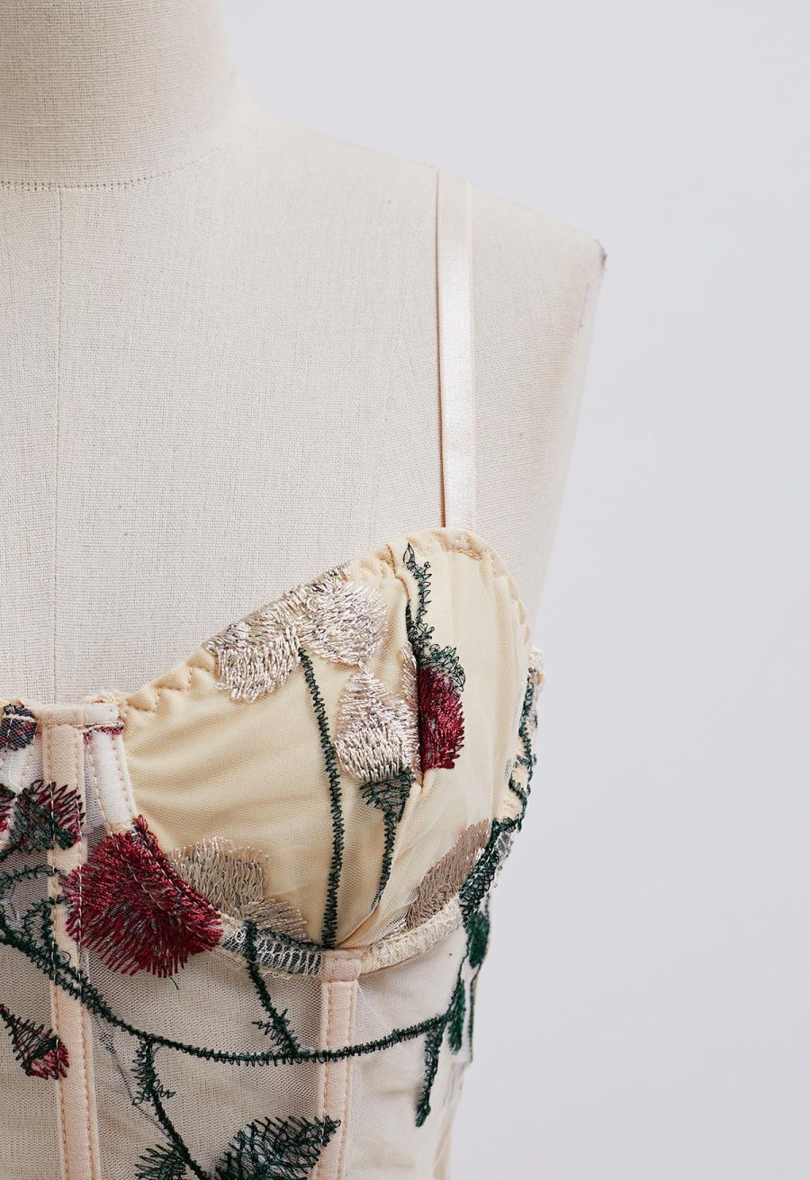 Red Rose Embroidered Mesh Bustier Top