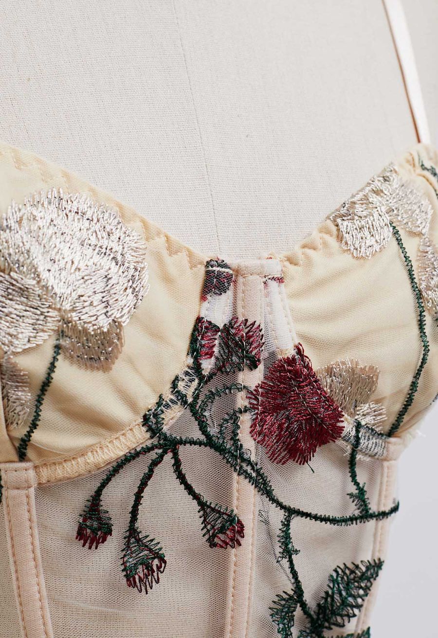 Red Rose Embroidered Mesh Bustier Top