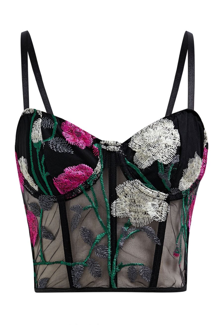 Pink Rose Embroidered Mesh Bustier Top