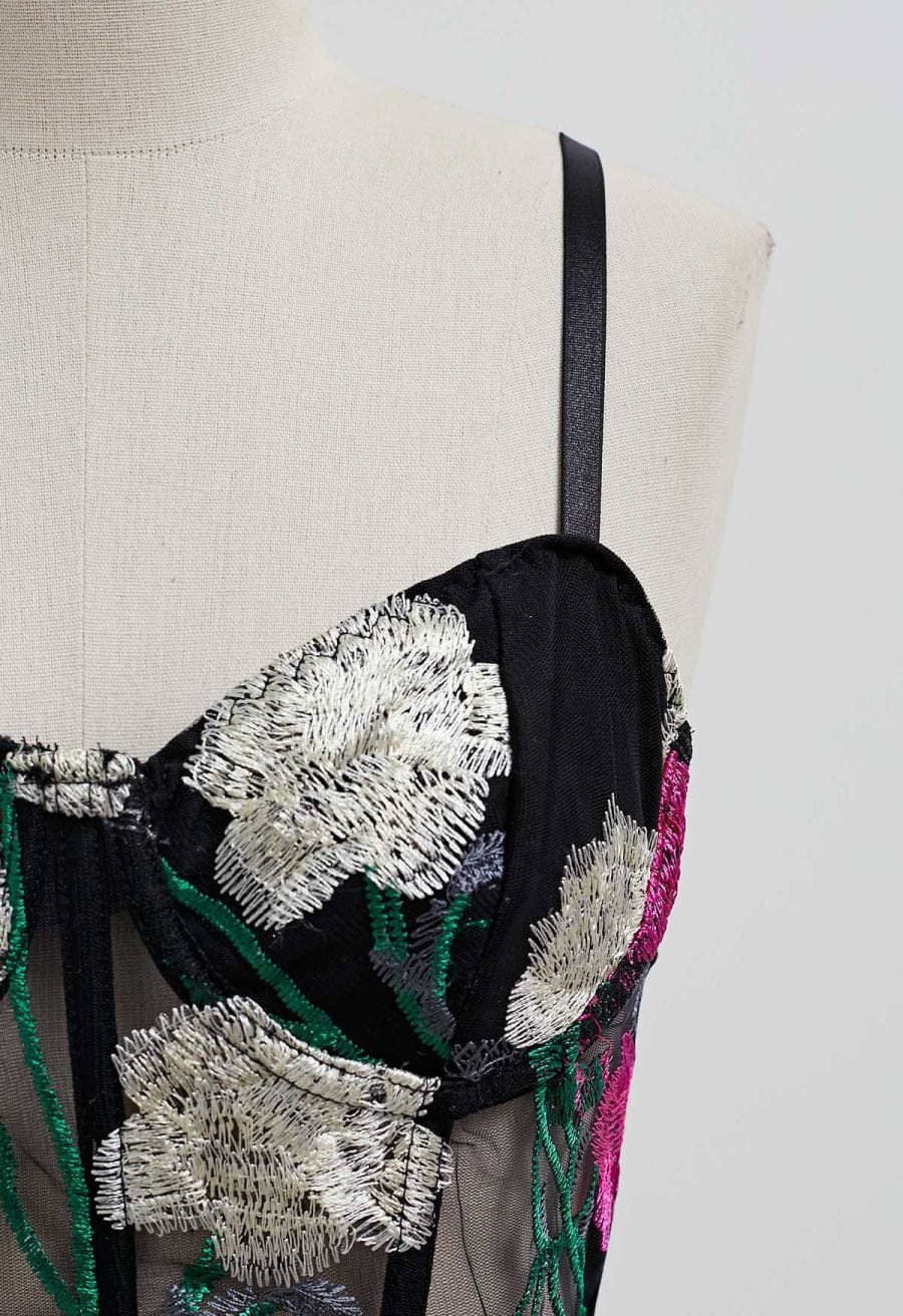 Pink Rose Embroidered Mesh Bustier Top