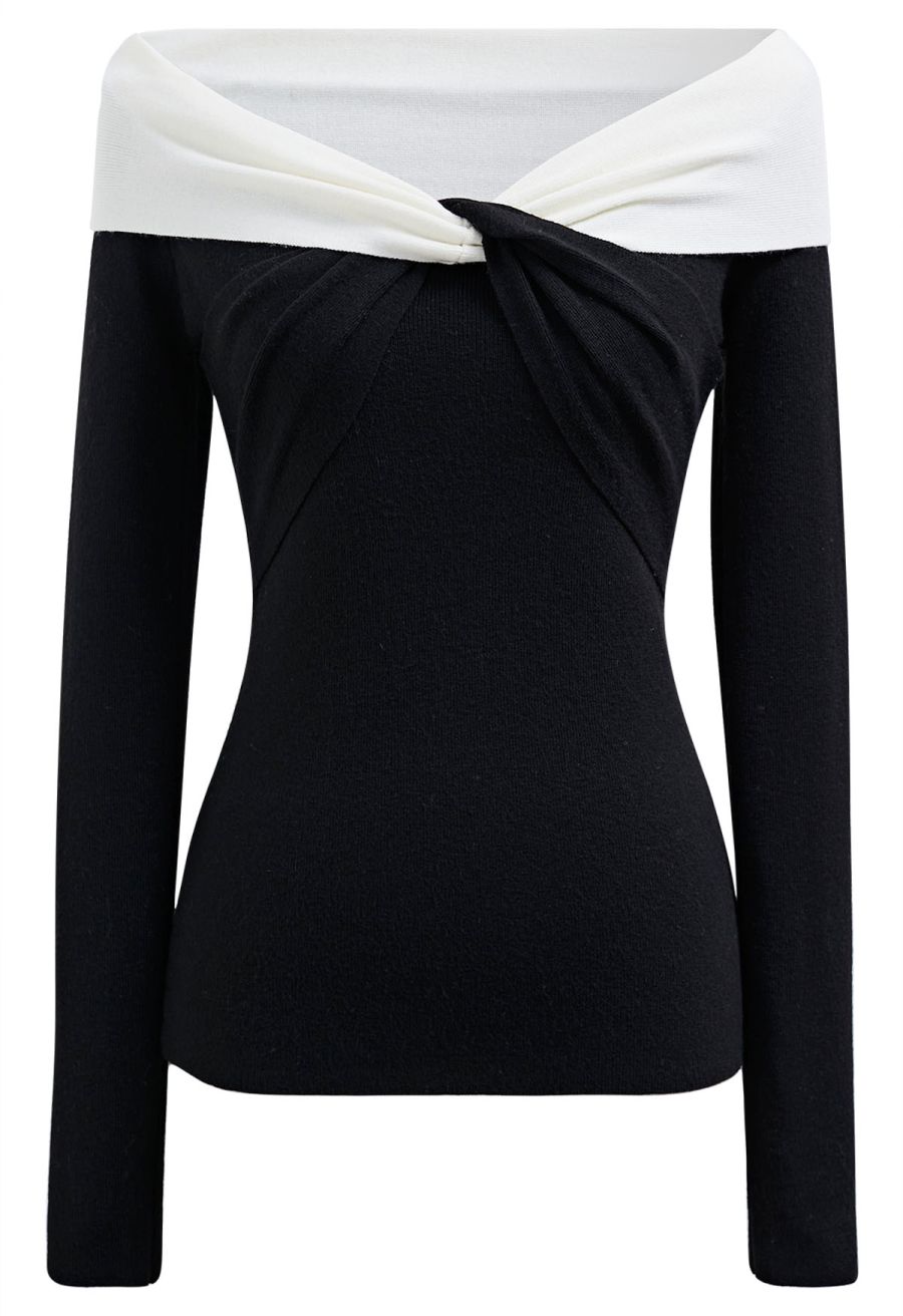 Contrast Twisted Shoulder Long Sleeves Knit Top