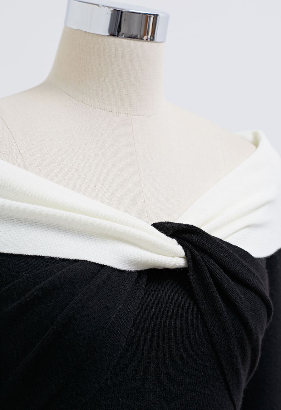 Contrast Twisted Shoulder Long Sleeves Knit Top
