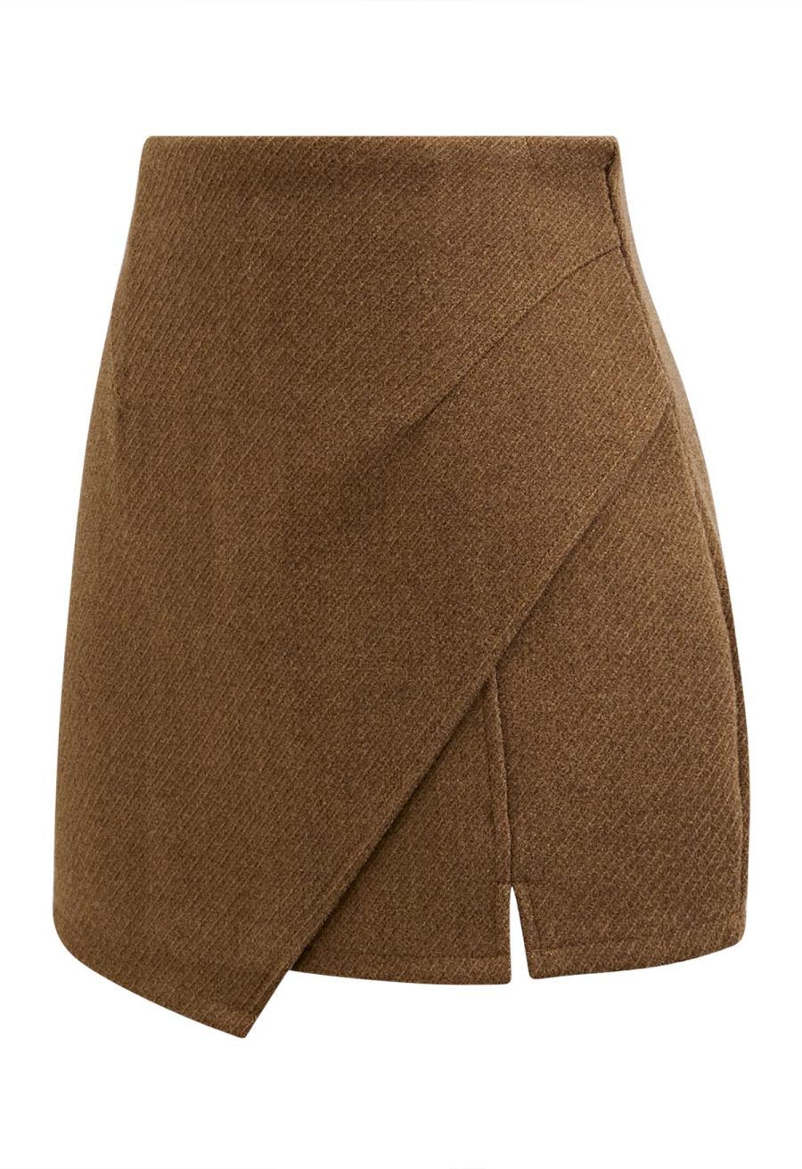 Notched Hem Wool-Blend Flap Mini Skirt in Camel