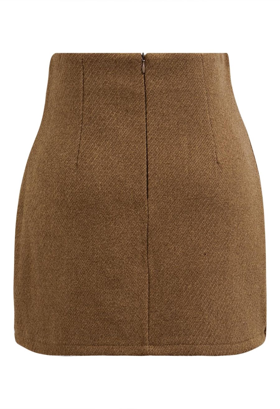 Notched Hem Wool-Blend Flap Mini Skirt in Camel