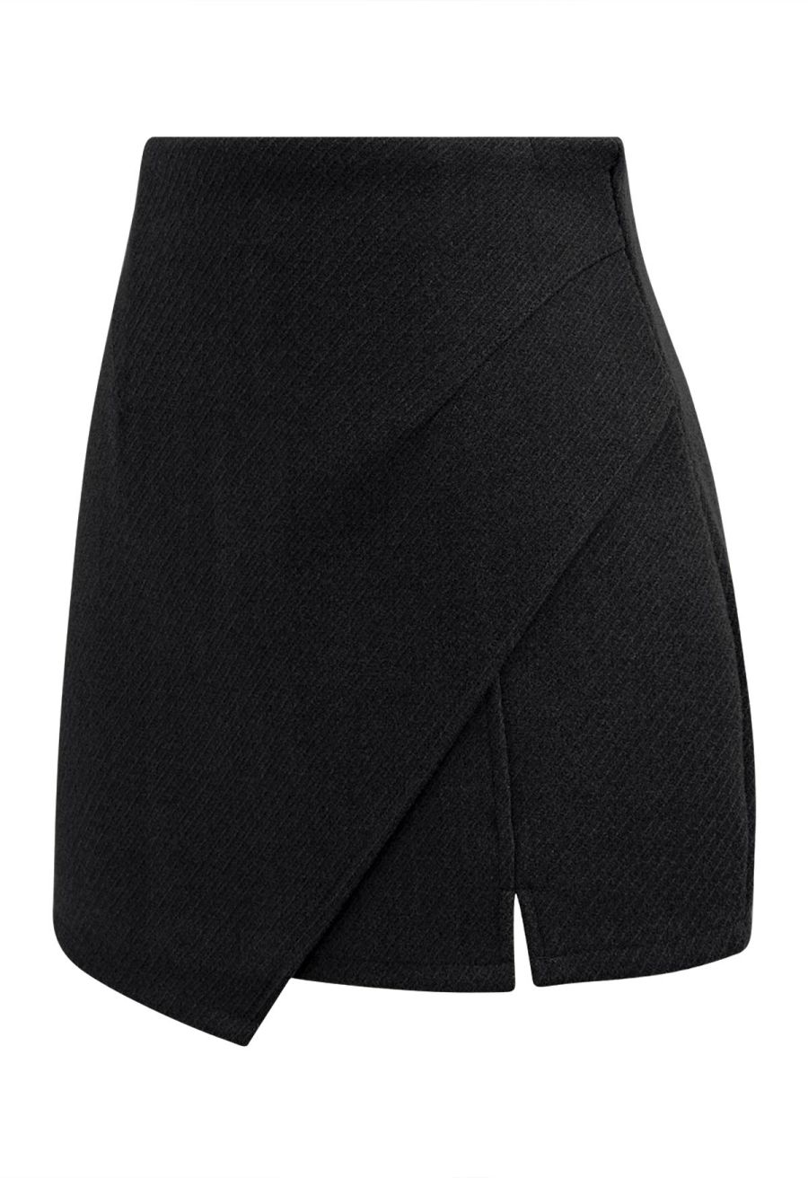 Notched Hem Wool-Blend Flap Mini Skirt in Black