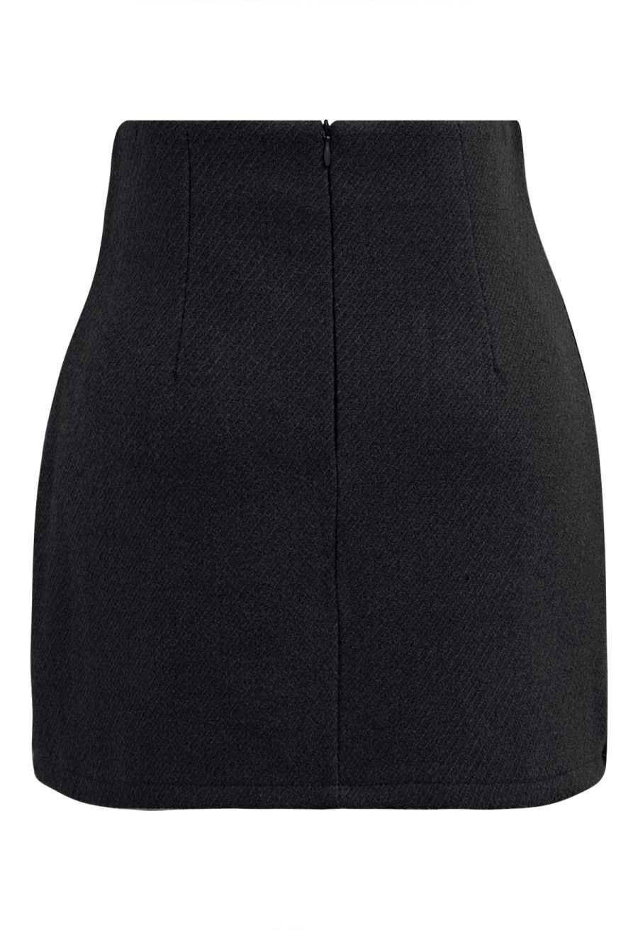 Notched Hem Wool-Blend Flap Mini Skirt in Black