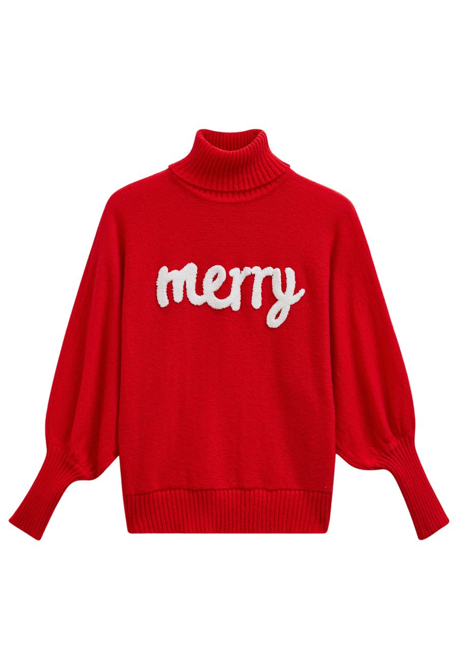 Merry Turtleneck Batwing Sleeve Knit Sweater in Red