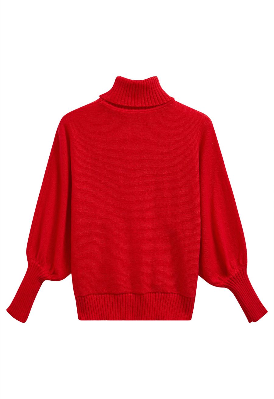Merry Turtleneck Batwing Sleeve Knit Sweater in Red