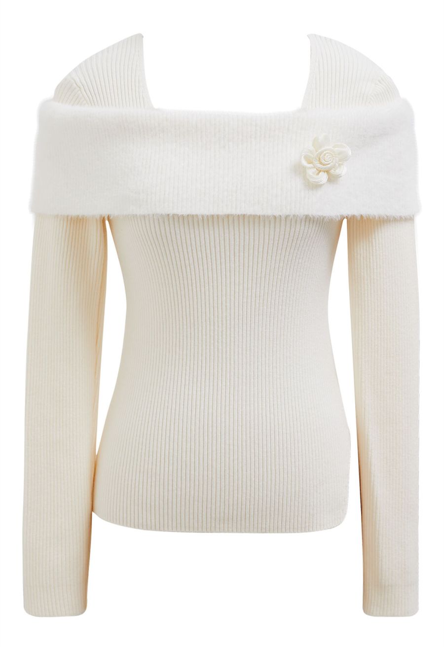 Folded Shoulder Flower Brooch Knit Top in Cream