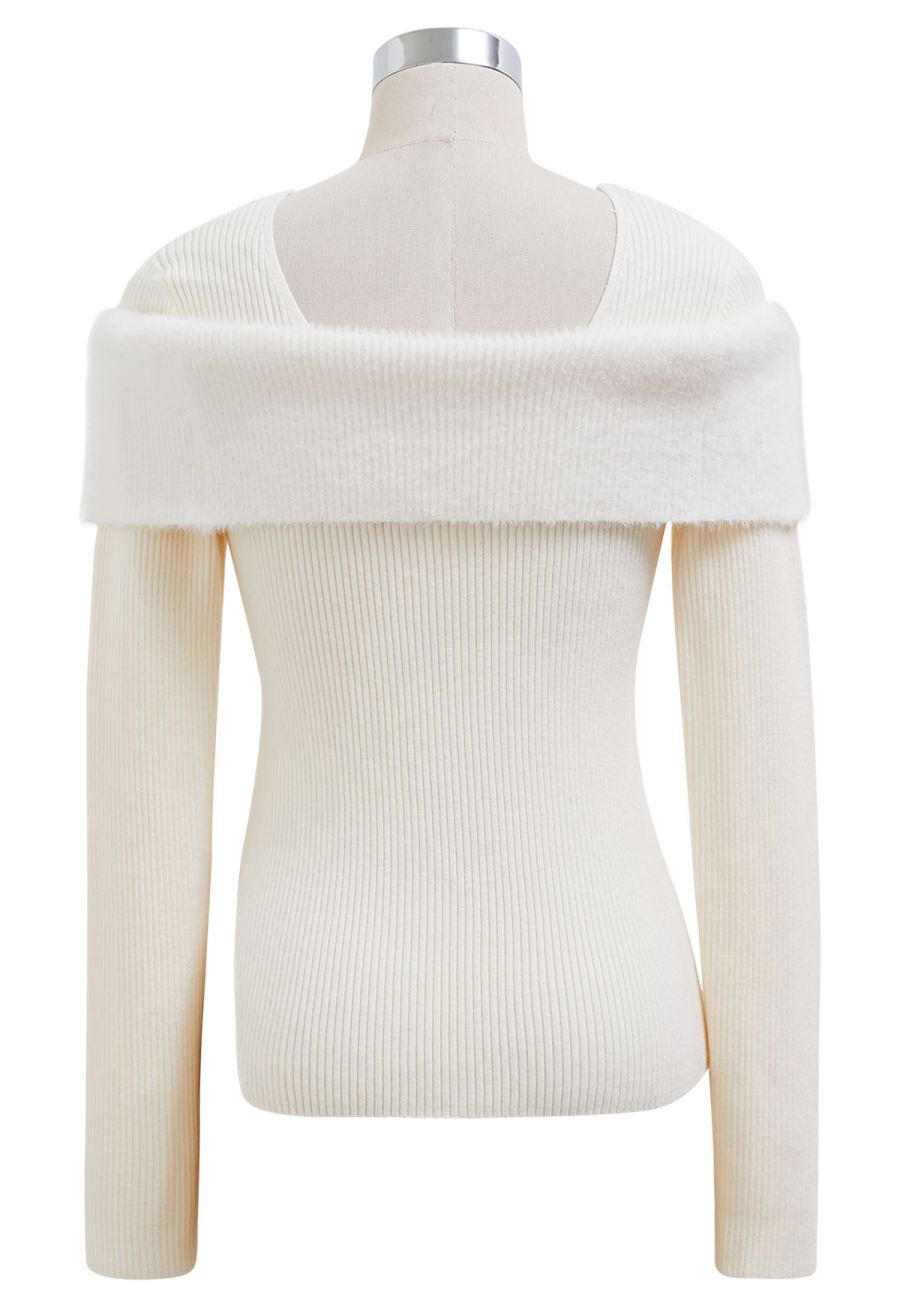 Folded Shoulder Flower Brooch Knit Top in Cream