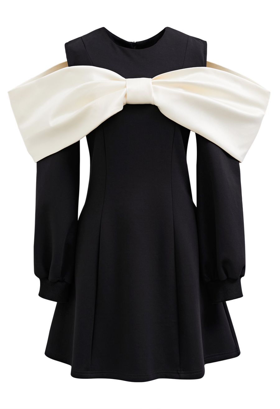 Contrast Big Bow Cold-Shoulder Flare Dress