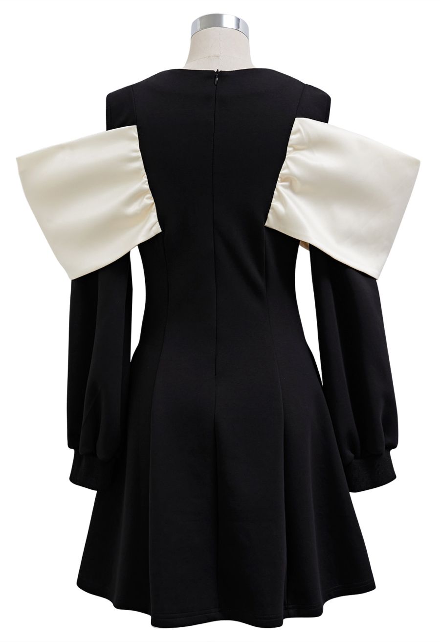 Contrast Big Bow Cold-Shoulder Flare Dress