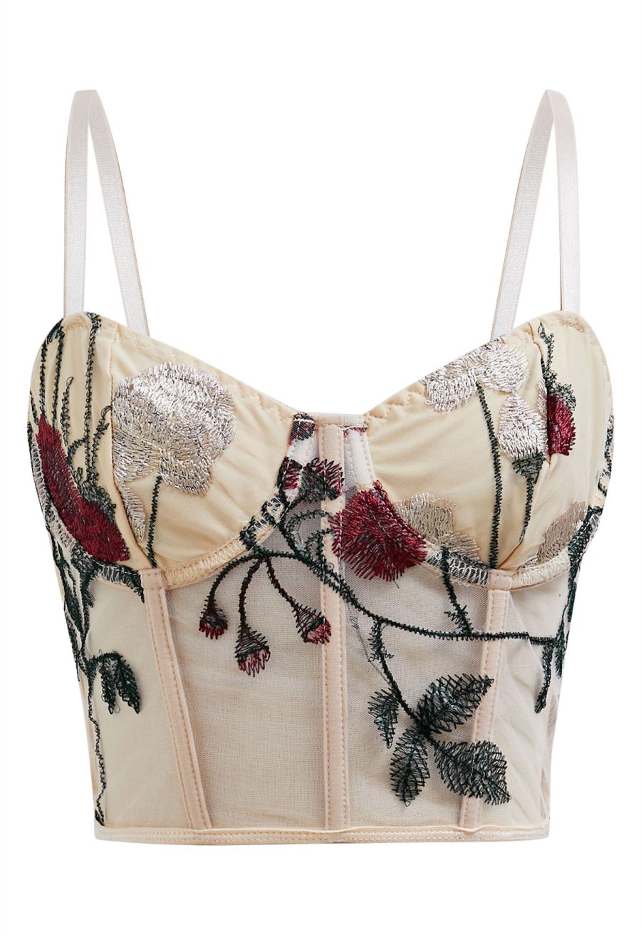 Red Rose Embroidered Mesh Bustier Top