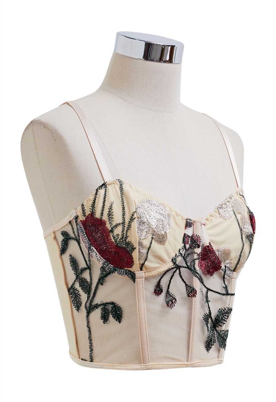Red Rose Embroidered Mesh Bustier Top