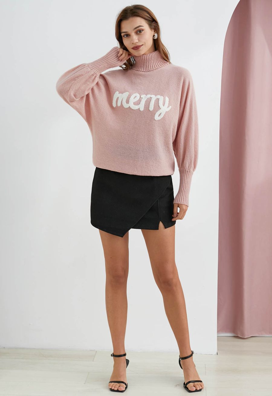 Merry Turtleneck Batwing Sleeve Knit Sweater in Pink